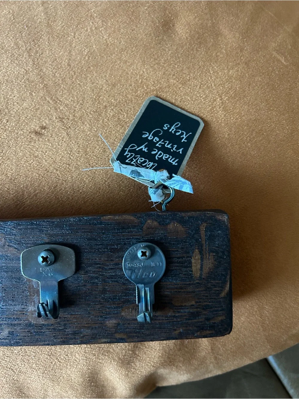 Dark wood wine barrel key rack with vintage key hooks wall hanging handmade